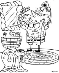 SpongeBob getting ready with Gary Coloring Page