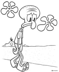 Squidward Coloring Page looking sad on the beach