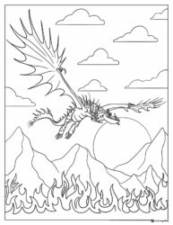 Stormfly Nadder flying over fire and mountains coloring page