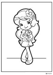 Strawberry Shortcake coloring page holding a flower