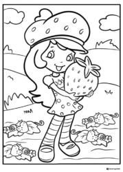 Strawberry Shortcake coloring page holding a strawberry