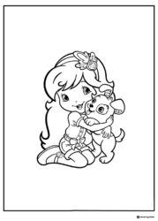 Strawberry Shortcake coloring page hugging a puppy