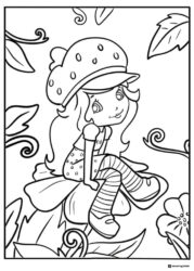 Strawberry Shortcake coloring page sitting on a leaf