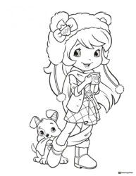 Strawberry Shortcake coloring page with dog and drink