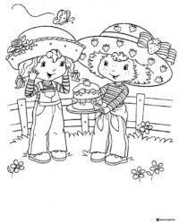 Strawberry Shortcake friends with a cake coloring page