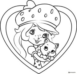 Strawberry Shortcake with cat in heart coloring page