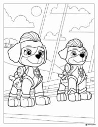 Super Pups Duo Coloring Page with City Skyline in Background