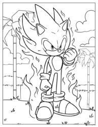 Super Sonic Coloring Page with Flames and Palm Trees