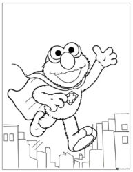 Superhero Elmo flying above city coloring page
