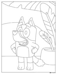 Surprised Bluey Character Coloring Page with Big Leaves Behind