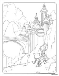 Tails and Character Coloring Page in front of a castle