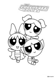The Powerpuff Girls trio with logo Coloring Sheet