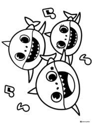 Three Baby Sharks coloring page swimming with musical notes