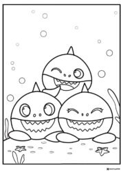 Three Baby Sharks coloring page underwater with starfish