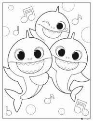 Three Baby Sharks coloring page with musical notes