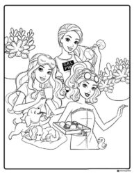 Three Barbies Coloring Page with Dogs and Snacks