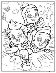 Three Bubble Guppies and a dog splashing in water coloring page