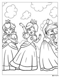 Three Cheerful Princesses Coloring Page with Clouds
