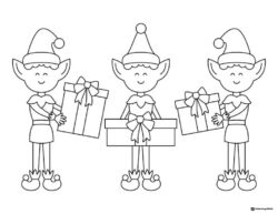 Three Elves Coloring Page Holding Presents