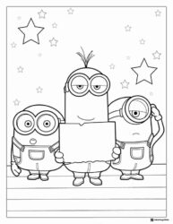 Three Minions Coloring Page Holding a Sign