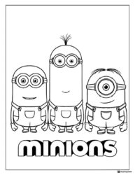 Three Minions Coloring Page with Logo
