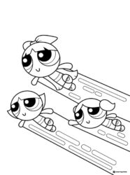 Three Powerpuff Girls flying in unison Coloring Sheet