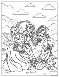 Three Princesses Coloring Page with Rainbow
