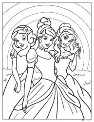 Three Princesses Coloring Page with rainbow background
