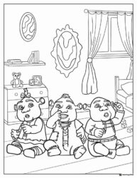 Three baby ogres in a nursery coloring page