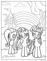 Three ponies in front of a castle coloring page