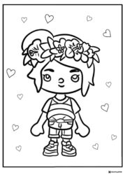 Toca Boca character with flower crown and hearts coloring page