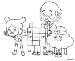 Toca Boca characters and abstract figures coloring page