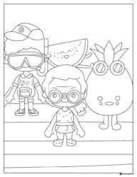 Toca Boca characters and smiling fruits coloring page