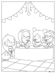 Toca Boca characters eating at a table coloring page