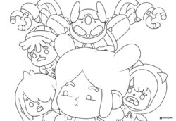 Toca Boca characters group with robot above coloring page