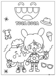 Toca Boca characters with accessories and title coloring page