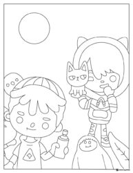 Toca Boca characters with cat and spray can coloring page
