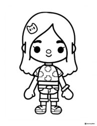 Toca Boca girl coloring page with bow hair clip and patterned shirt