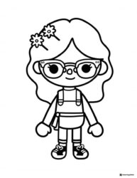 Toca Boca girl coloring page with glasses overalls and flowers
