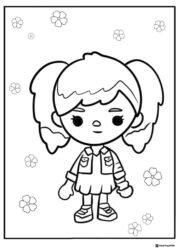 Toca Boca girl with pigtails and flowers coloring page