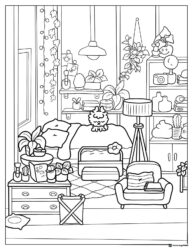 Toca Boca house interior with furniture and plants coloring page
