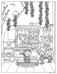Toca Boca outdoor cafe scene with characters and drinks coloring page
