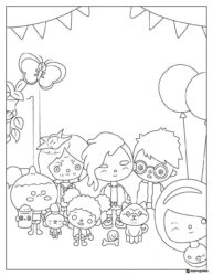 Toca Boca party scene with characters and decorations coloring page