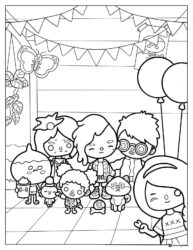 Toca Boca party with balloons and characters coloring page