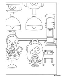 Toca Boca salon scene with characters and hair dryers coloring page