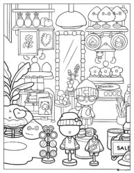 Toca Boca shop scene with characters and items coloring sheet