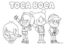 Toca Boca title with four characters standing coloring page