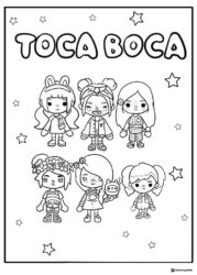 Toca Boca title with six characters and stars coloring page