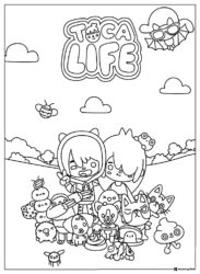 Toca Life Coloring Page with a group of characters and creatures