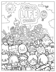 Toca Life World Coloring Sheet with characters and city landscape